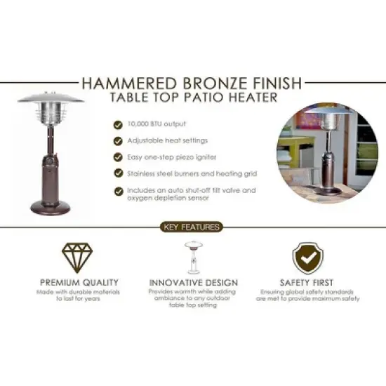 Fire Sense Portable Patio Heater Outdoor Tabletop Lightweight Propane 10,000 BTU Auto-Shutoff Valve ODS Compliant - Hammer Tone Bronze image {1}