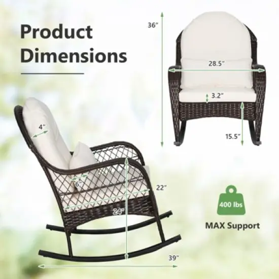 Tangkula 2PCS Patio Wicker Rocking Chair w/ White Seat Cushions & Lumbar Pillow Porch image {4}