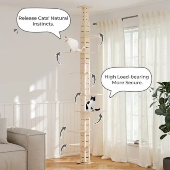 Sandinrayli Floor to Ceiling Cat Tree Tower for Indoor Large Cats 7 Tier Tall Cat Climbing Pole 98-114 inches, Wood image {4}