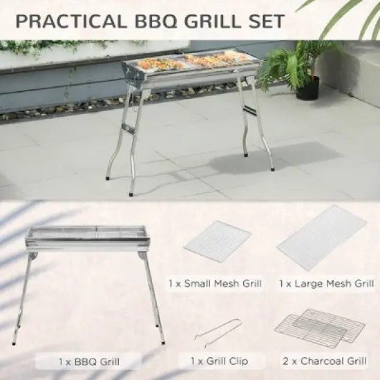 Portable Charcoal Grill, Stainless Steel Folding Outdoor BBQ Grill for Backyard Cooking, Camping, Picnic, Party, Tailgating and Travel with Pan image {4}