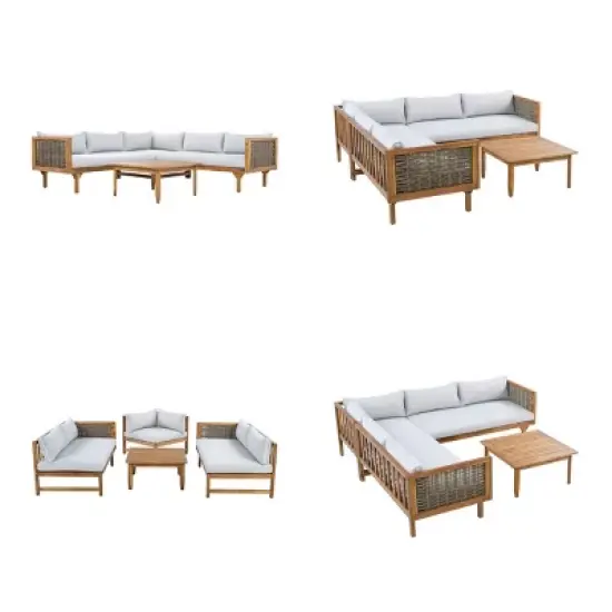 Outdoor Sectional Sofa Set with Table, Modular Corner Design Sofa for Patio Use, Acacia Wood Frame Sofa with Polyester Cushions-Coolbibila image {5}