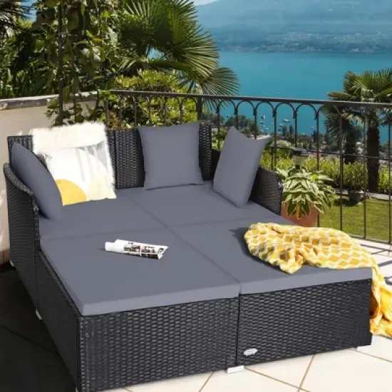Costway Outdoor Patio Rattan Daybed Pillows Cushioned Sofa Furniture image {10}