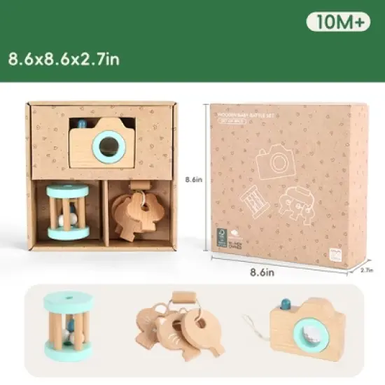 Freniland&trade; - 3 PCs Wooden Baby Rattle Toy Set for 10 Months+, Beech Wood Teether & Pretend Camera Toy, Safe & Educational Gift Set (Mint Green) image {3}
