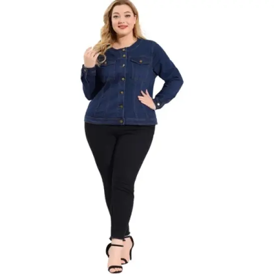 Agnes Orinda Women's Plus Size Jean Jacket Long Sleeves Collarless Denim Jacket image {2}