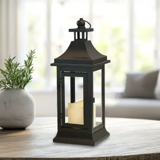 LumaBase Metal Lantern with Battery-Operated Candle - 13" Black image {1}