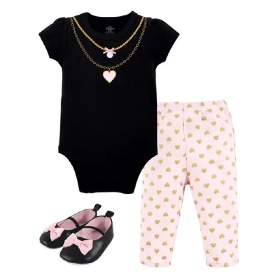 Little Treasure Baby Girl Cotton Bodysuit, Pant and Shoe 3pc Set, Heart Necklace image {2}