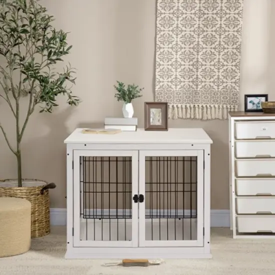 Gulches Dog Crate Furniture, Small Dog Cage End Table with Two Opening Sides, Lockable Door, Puppy Kennel Indoor, Cute and Decorative, Pure White image {2}