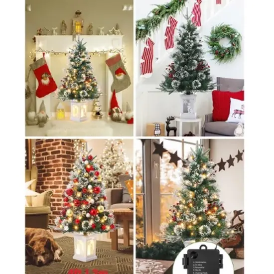 3FT Pre Lit Premium Potted Flocked Arctic Fir Christmas Tree , Artificial Mini Pre Lit Xmas Tree Christmas Decoration Snowman White Base image {6}