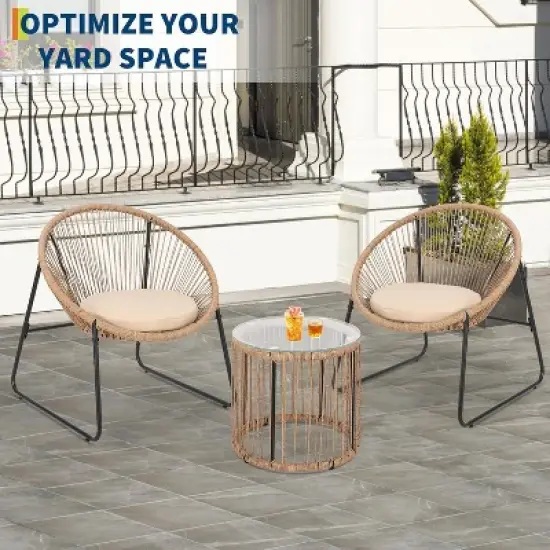 Jojoka 3 Piece Rattan Wicker Bistro Set,Modern Patio Furniture Set with 2 Rattan Chairs and Side Table for Outdoor,Brown image {1}
