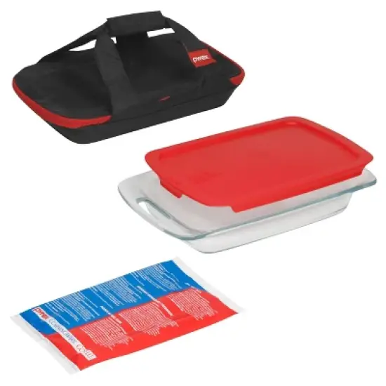 Pyrex 4pc Portables Easy Grab Baking Dish Set: Glass Bakeware with Lid & Insulated Carrier, Microwave & Oven Safe image {3}