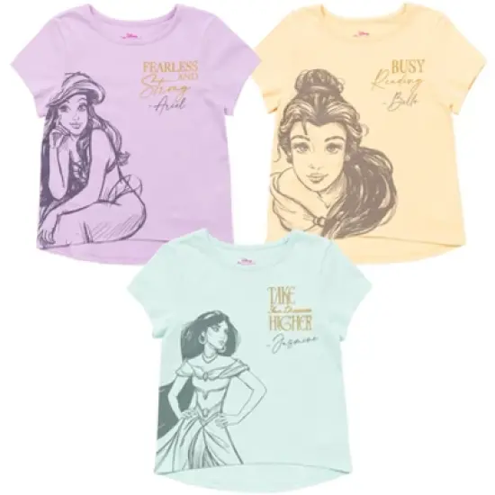 Disney Princess Ariel Cinderella Tiana Moana Jasmine Belle Girls 3 Pack T-Shirts Toddler to Big Kid  image {9}