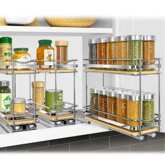 Lynk Professional Slide Out Vertical 4.25" Double Metal/Wood Spice Rack Silver: Pull Out Kitchen Organizer, Cupboard Mount image {3}