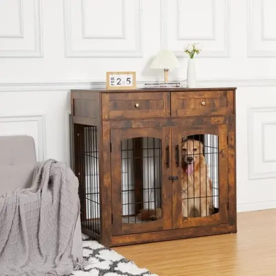 Dog Crate Furniture with 3 Doors,39.4" Large Dog Crate with 2 Drawer & Cushion,Wooden Dog House Kennel for Medium/Large Dog image {8}