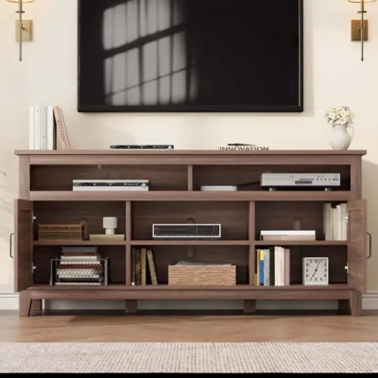 65" TV Stand Entertainment Center with Adjustable Shelves & 8 Storage Compartments, Semi-Open Double Door Cabinet for Living Room, Bedroom image {5}