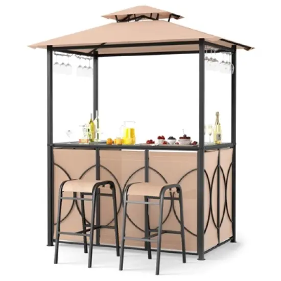 Costway 6.5 x 4 x 8 FT Grill Gazebo Set with 2 Bar Stools, Tempered Glass Bar Table Brown/Gray image {10}