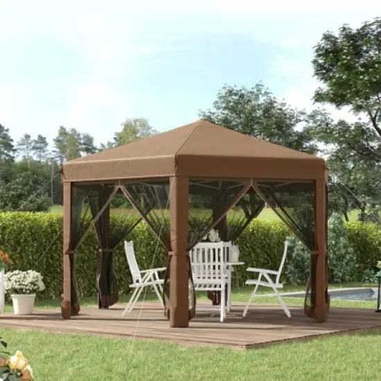DSVIMOY 13'*11' Pop Up Gazebo, Hexagonal Canopy Shelter with 6 Zippered Mesh Netting for Garden, Wedding, Party, Beige, 150"*126"*104.4" image {5}