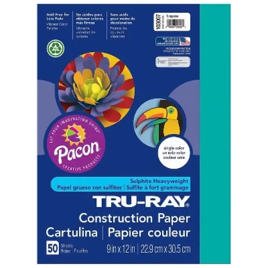 Pacon Tru-Ray 9" x 12" Construction Paper Turquoise 50 Sheets/Pack 5 Packs (PAC103007-5) image {1}