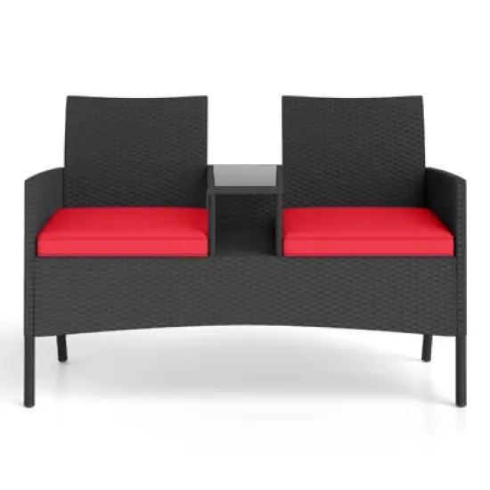 Tangkula Outdoor Rattan Loveseat 2-Seat Patio Conversation Set with Built-in Coffee Table Cushions Wicker Bench Furniture image {10}
