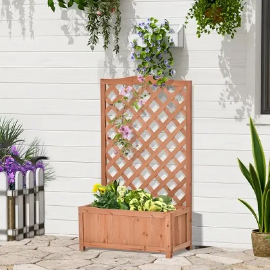 Outsunny 27.5" x 11" x 46" Raised Garden Bed Wood Planter with Trellis for Vine Climbing, to Grow Vegetables, Herbs, Flowers for Backyard, Brown image {2}