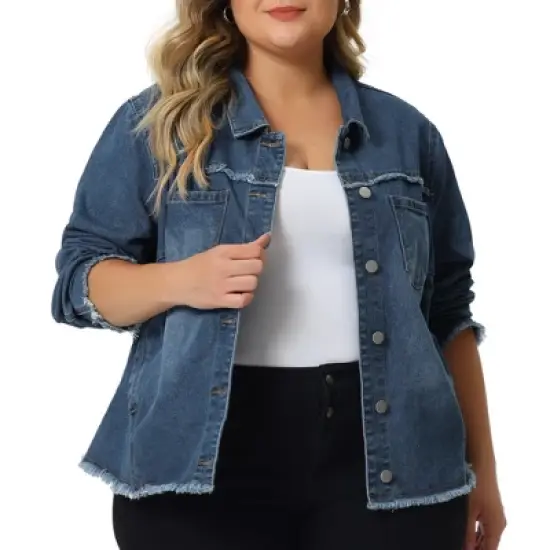 Agnes Orinda Women's Plus Size Button Up Frayed Hem Long Sleeve Casual Jean Jacket image {1}