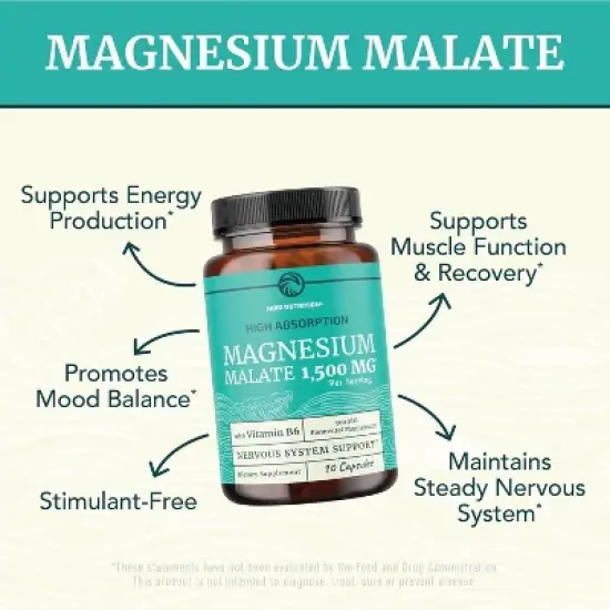 High Absorption Magnesium Malate Capsules, 1500MG Mag Malate with VIT B6 + Black Pepper for Energy & Nervous System Support, Nobi Nutrition, 90ct image {1}