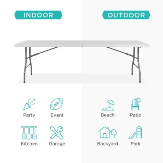 Best Choice Products 8ft Plastic Folding Table, Indoor Outdoor Heavy Duty Portable w/ Handle, Lock for Picnic - White image {2}
