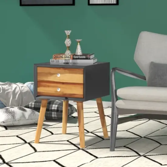 Tangkula Wooden Nightstand with 2 Storage Drawers Accent End Side Table for Bedroom&Living room image {3}