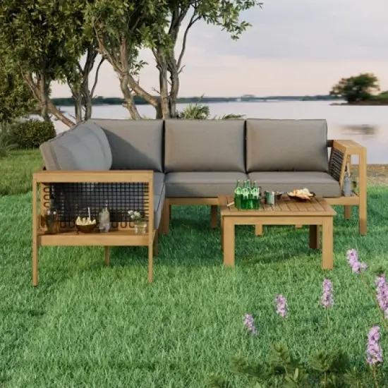 Merax 4-Piece Acacia Wood Outdoor Sofa Set with a Coffee Table and Adjustable Foot Pads image {2}