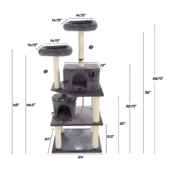 5-Tier Ultimate Cat Tree - 8 Cat Scratching Posts, 2 Padded Perches, 2 Kitty Huts, and 3 Hanging Toys for Multiple Cats by PETMAKER (Dark Gray) image {1}