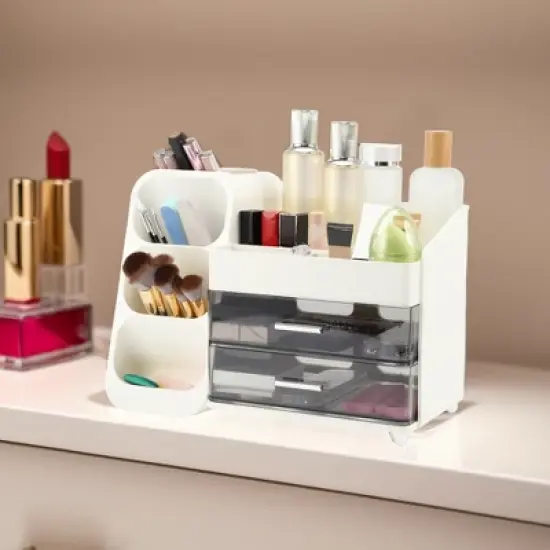 Unique Bargains Three-Layer Makeup Organizer with Drawer White 1 Pc image {1}
