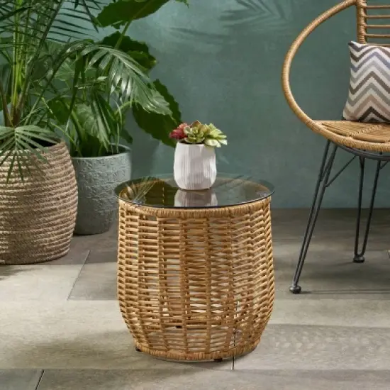 Kumasinova 15.5" Chic Woven Rattan Outdoor End Table with Tempered Glass Table Top,Handcrafted Patio Side Table,Weather-Resistant,Decor Item,Natural image {4}