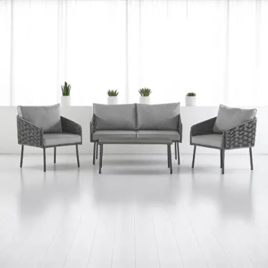 4-Piece Outdoor Patio Furniture Set with Rope Woven Chairs, Loveseat, Plastic-Wood Coffee Table, Water-Repellent Cushions & Rust-Resistant Frame image {3}