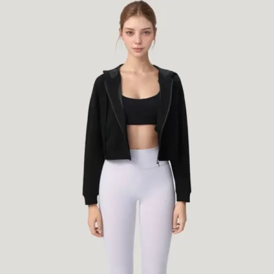 Anna-Kaci Active Women's Zip Front Cropped Hoodie with Long Sleeves and Drawstring Hood image {3}