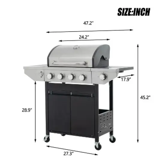 Kumasinova 4-Burner Propane Gas BBQ Grill,46500BTU Output,Stainless Steel Grills with Foldable Side Tables,Hooks,Thermometer&Lockable Casters image {2}