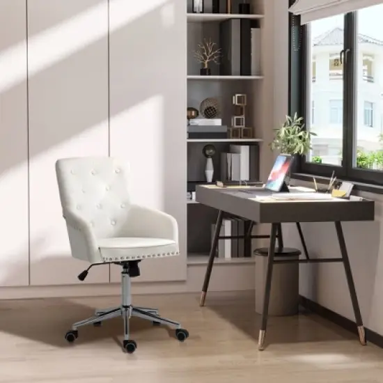 HOMCOM Modern Mid-back Desk Chair with Button Tufted Velvet Back, Nailhead Trim, Swivel Home Office Chair with Adjustable Height, Curved Padded Armrests image {2}