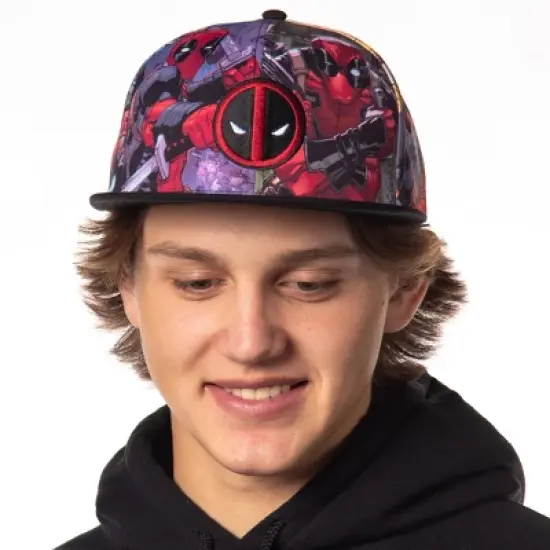 Marvel Comics Deadpool Allover Sublimated Scenes Design Adult Adjustable Snapback Hat Baseball Cap OSFM Multicolored image {2}