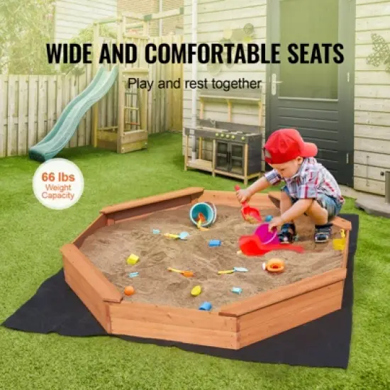 VEVOR Wooden Sandbox with Cover, 75.6 x 75.6 x 9.1 in Octagonal Sand Box, Sand Pit with 4 Seating and Bottom Liner image {5}