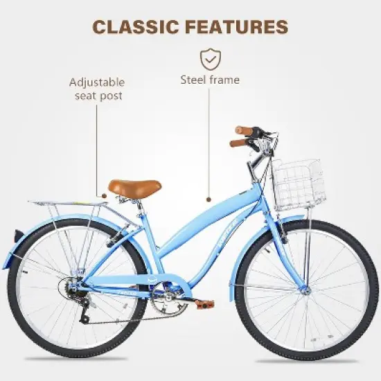 WEIZE Beach Cruiser Bike 26 inch City Bikes Commuter Bicycle for Adult 7-Speed Comfortable with Rear Rack or Basket Blue image {6}
