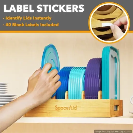 Container Lid Organizer with 5 Adjustable Dividers for Cabinets, Includes Blank  Labels (Natural) image {4}