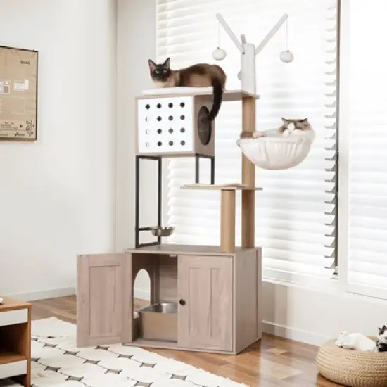YOOCOZZ Cat Tree with Litter Box Enclosure,Cat Condo with Scratching Posts, Feeding Bowl and Removable Pompom Sticks image {8}