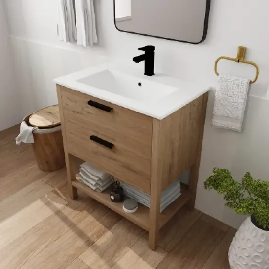30" Bathroom Vanity with 2 Drawers and 1 Ceramic Sink, Oak - ModernLuxe image {2}
