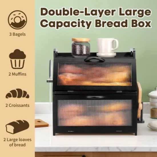 Unique Bargains Bamboo Large Double Layer Acrylic Window Bread Storage Container Black image {2}