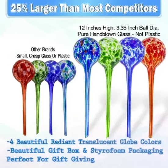 5 Star Super Deals Large Aqua Glass Plant Watering Globes - Automatic Self Watering System Insert Spikes Indoor/Outdoor Plant Drip Irrigation 4pc Set image {2}