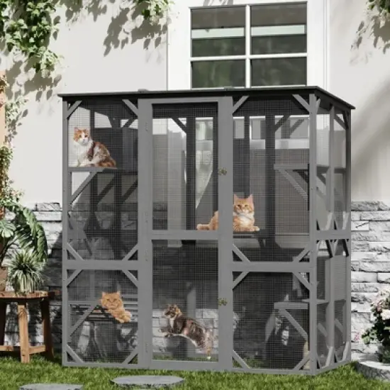 Jojoka 70 Inch Large Walk-in Outdoor Catio Cat Enclosure with Window Access, Roof, Resting Boxes, Hammock, Scratching Post, Grey image {8}