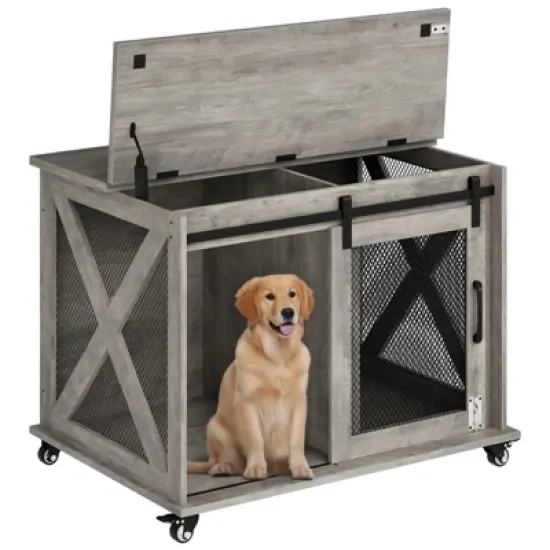 Garvee Indoor Dog Crate Furniture with Sliding Barn Door, Flip Top, Dog Crate End Table with Wheels, Removable Divider, Dog House image {9}