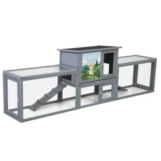 Resenkos 2-Story Rabbit Home, Dual Run Bunny Shelter, Weatherproof Guinea Pig Cage, Resting Area, PC Roof, Gray With Colorful Patterns image {5}