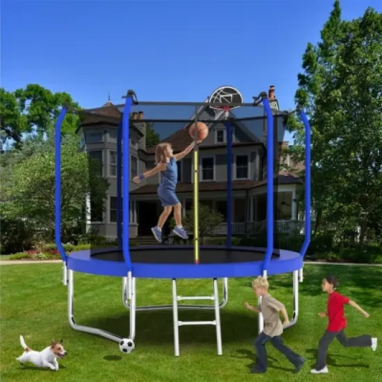 Whisen Kids&rsquo; Trampoline with Safety Enclosure Net, Foam Padded Poles, W-Shaped Legs,  Ladder and Basketball Hoop - Blue image {13}