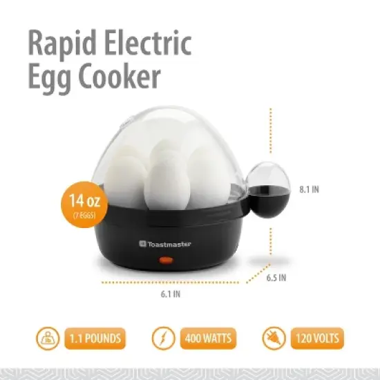 Toastmaster Rapid Electric Egg Cooker with Auto-Off, 7 Egg Capacity for Soft, Medium and Hard Boiled Eggs, Poaching Tray, Black image {1}