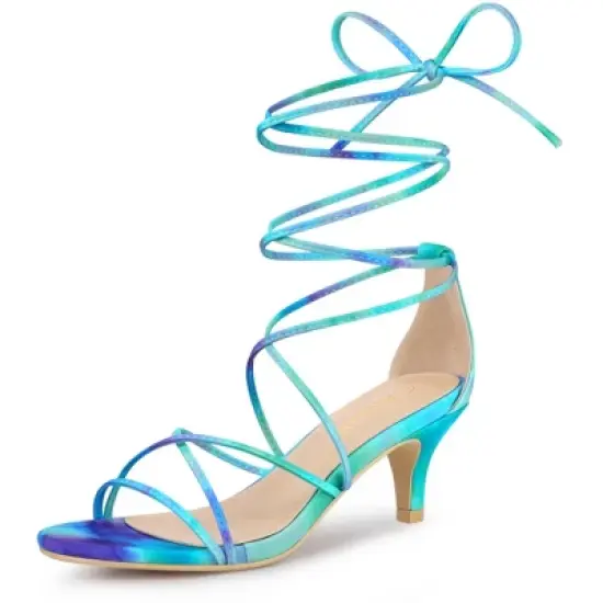 Allegra K Women's Lace Up Strappy Tie Dye Kitten Heels Sandals image {8}