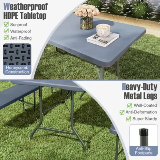 Tangkula 3 PCS Folding Picnic Table Set w/ 6 ft Table & 2 Benches HDPE Tabletop Bench Top Gray image {5}